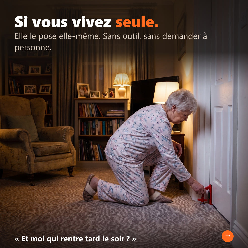 Femme âgée agenouillée qui installe son bloque-porte BLINDIER au pied de la porte