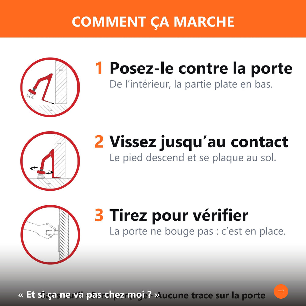 Comment poser le bloque-porte BLINDIER en 3 étapes : placer, visser, tirer pour vérifier