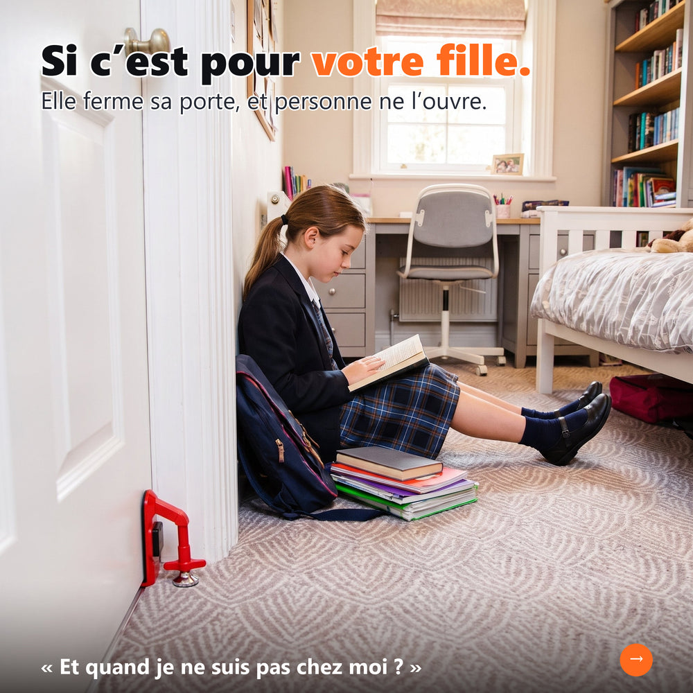 Fillette lisant dans sa chambre, la porte sécurisée par un bloque-porte BLINDIER