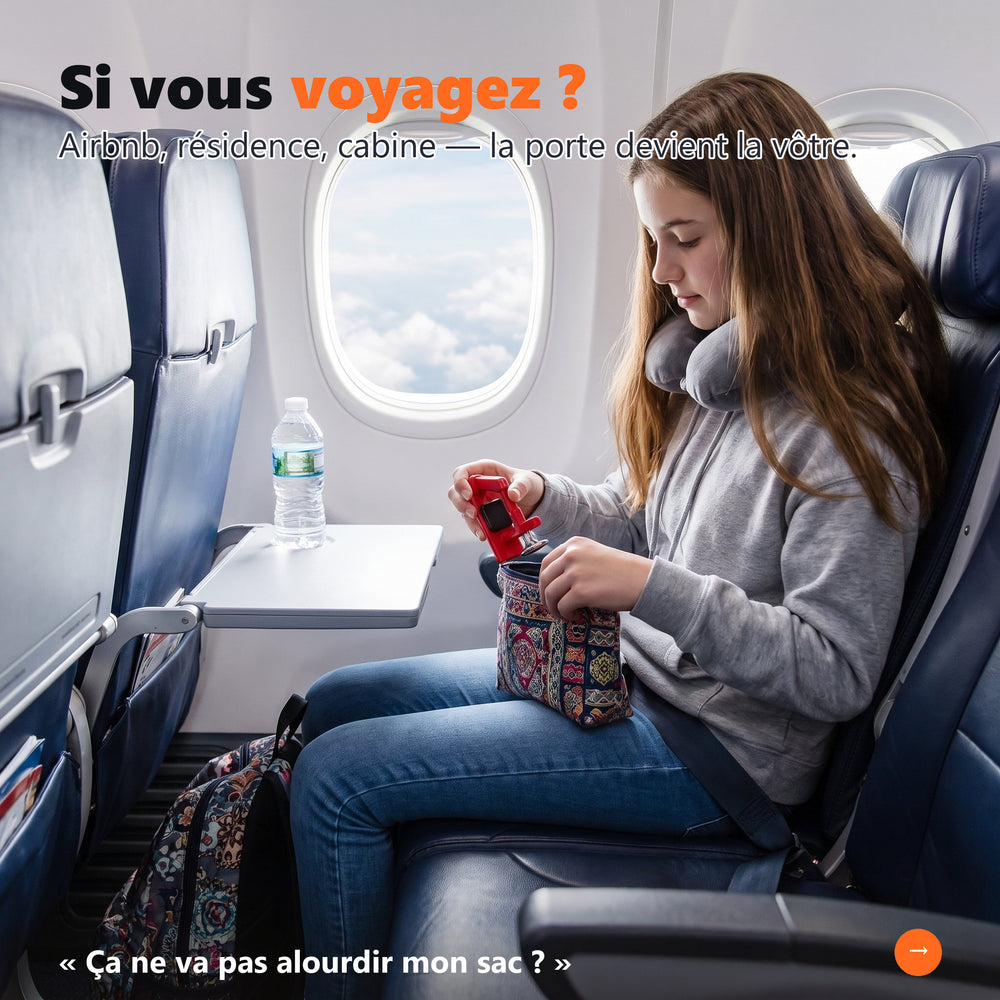 Adolescente en avion rangeant son bloque-porte BLINDIER dans sa trousse