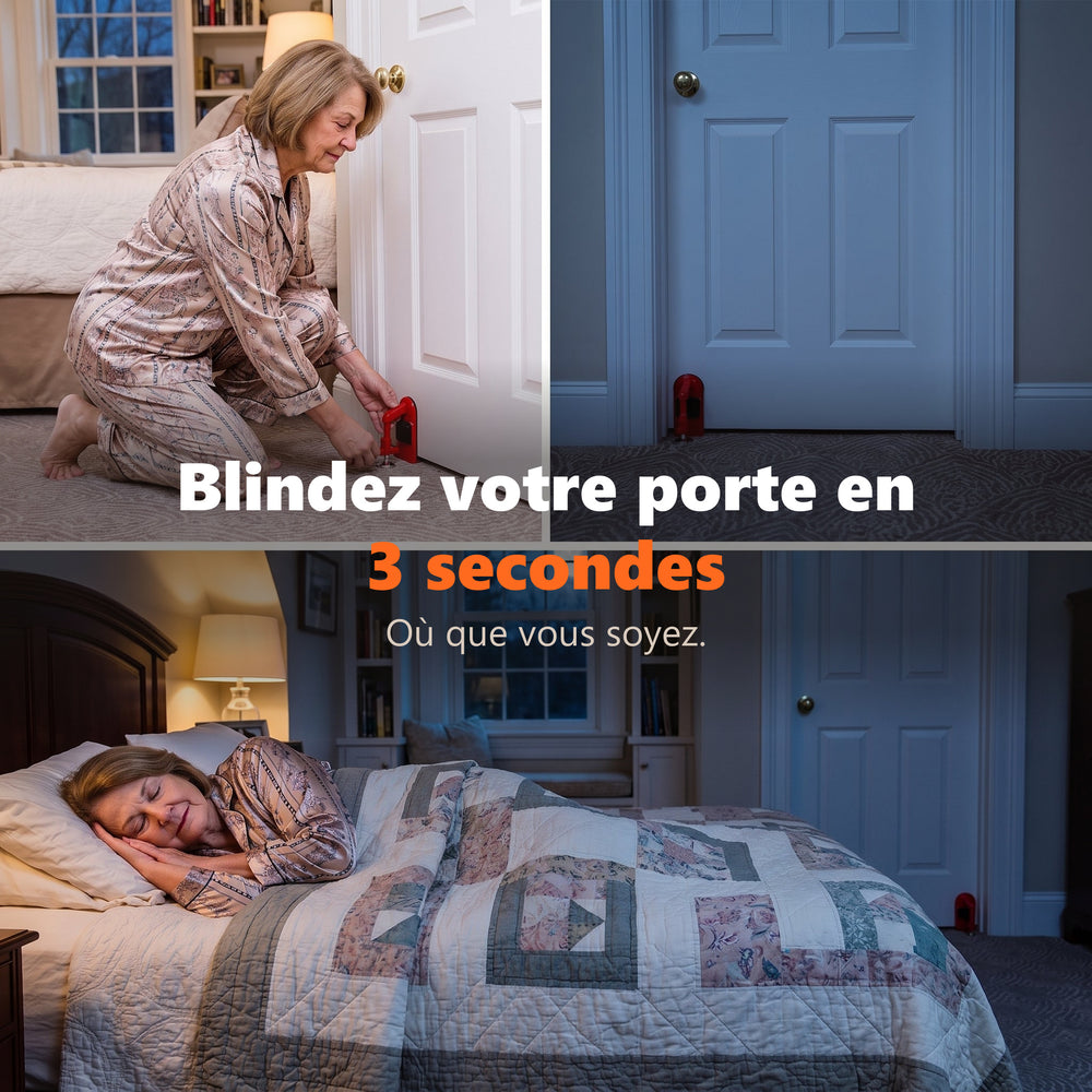 Femme en pyjama posant son bloque-porte BLINDIER puis endormie, la porte de sa chambre bloquée